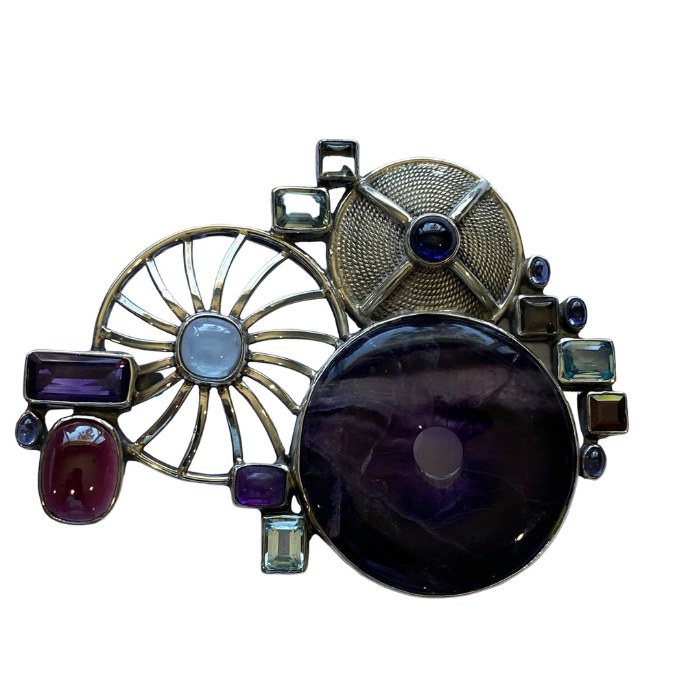 Handcrafted Sterling Pendent w/Large Round Amethyst & 15 Other Stones